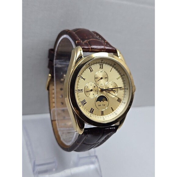 Relic ZR15559 Gold Tone Multifunction Moonphase Quartz Leather Watch New Battery - Picture 3 of 13